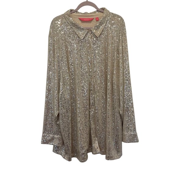 NWOT Isaac Mizrahi Live! Gold Sequin Button-Up Shirt Womens NEW - Picture 1 of 7